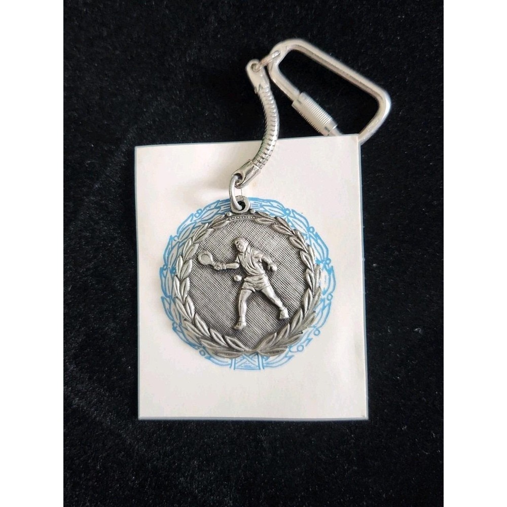 Vintage 1970 City Champ Winner  Pewter Tennis Player Racket Keychain Keyring Fob